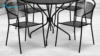 35.25" Black Steel Round Patio Table Set with 4 Chairs