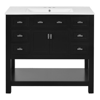 Vynxaria 36 in. 1 Freestanding Black Bath Vanity with White Ceramic Top
