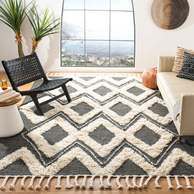Hand-Knotted Black and Ivory Wool Geometric 8' x 10' Rug