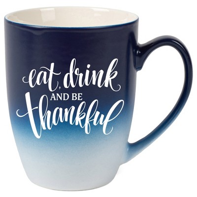 Elanze Designs Eat Drink And Be Thankful Two Toned Ombre Matte Navy Blue and White 12 ounce Ceramic Stoneware Coffee Cup Mug