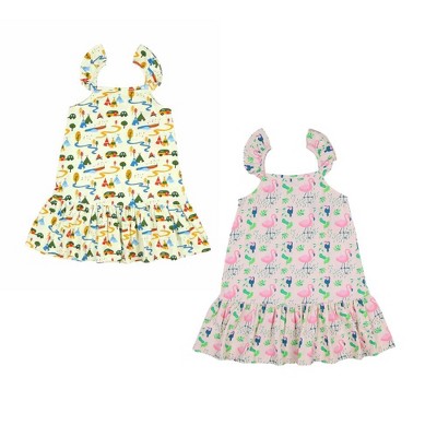 Ola! Otter 2 Pack Strap Dress- Camping & Flamingo- Pink & Off-white- 4-5 Years