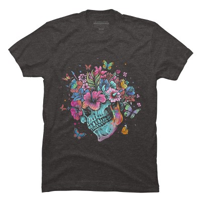 Men's Design By Humans Floral Butterfly Skull Funny Halloween Costume Hippie Flower By JeilJersey T-Shirt