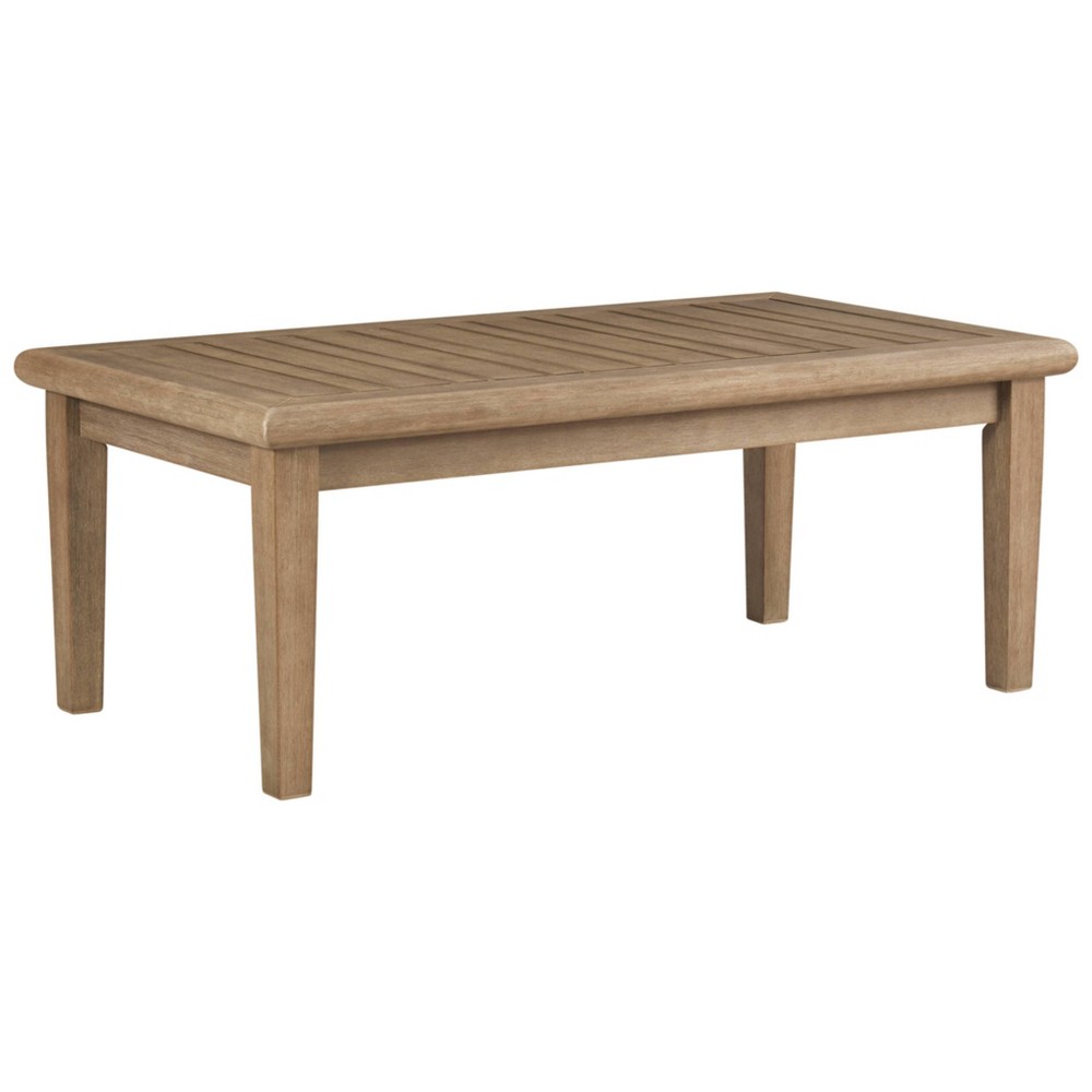 Signature Design by Ashley Gerianne Outdoor Rectangular Eucalyptus Wood Slat Top Coffee Table  Beige