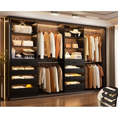 Aheaplus 6-15FT Closet Organizer with Drawers, Walk-in Wardrobe Closet System with 4 Hanging Rods