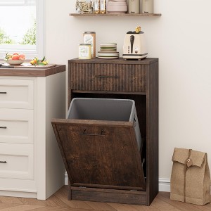 Fluted Tilt Out Trash Can, Hidden Garbage 10 Gallon, Freestanding Dog Proof Cabinet, Wooden for Kitchen Dining Living Room, Brown Cherry - 1 of 4