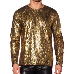 Lars Amadeus Men's Long Sleeves Party Clubwear Shiny Metallic T-Shirt - 1 of 4