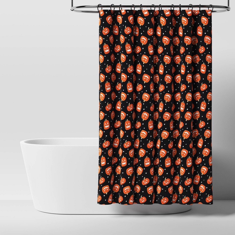 Halloween Glow-in-the-Dark Jack-O-Lantern Shower Curtain Black - Hyde & EEK! Boutique™: Spooky Bathroom Decor, Twill Weave