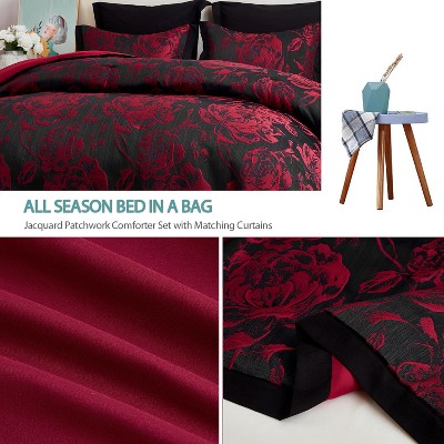 HIG 7-Piece Burgundy Jacquard Bed in a Bag, Queen Size Comforter Set with Floral Damask Design, Red Rose Patchwork Bedding, Shams & Window Panels — фото 3