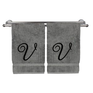 BC BARE COTTON Monogrammed Hand Towel, 100% Turkish Cotton - Set of 2 - Gray - Black Script - 1 of 4