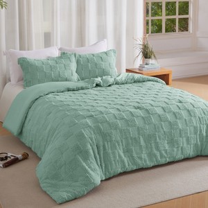 Joyfy Tufted Comforter Set, 3 Pieces Sage Green Boho King Bedding Set with 1 Plaid Geometric Comforter and 2 Pillow Shams, Checkered Bed in a Bag - 1 of 4