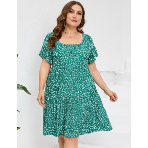Plus Size Sundress with Short Sleeve Square Neck Ruffled Dress Smokced Wasit Tiered Dress Plus Size Peasant Dress Floral Prairie Dress - 1 of 4