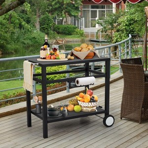 Double-Shelves Grill Table Movable Stainless Steel Flattop Grill Cart with Wheels Hooks Side Handle Pizza Oven Table - 1 of 4