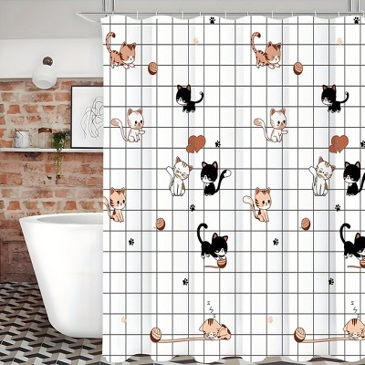 1pc Waterproof Cute Cat Pattern Shower Curtain - Easy Install with Hooks, Durable & Decorative for Any Bathroom