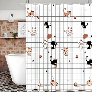 1pc Waterproof Cute Cat Pattern Shower Curtain - Easy Install with Hooks, Durable & Decorative for Any Bathroom - 1 of 4