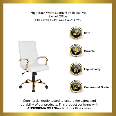 High Back White Leather Executive Swivel Office Chair with Gold Metal Frame