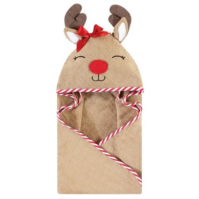 Hudson Baby Infant Girl Cotton Animal Face Hooded Towel, Girl Holiday Reindeer, One Size