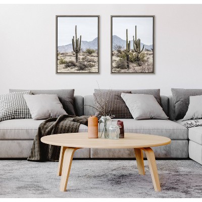 Tall Saguaro Cacti Desert Mountain Gray Framed Canvas Art Set