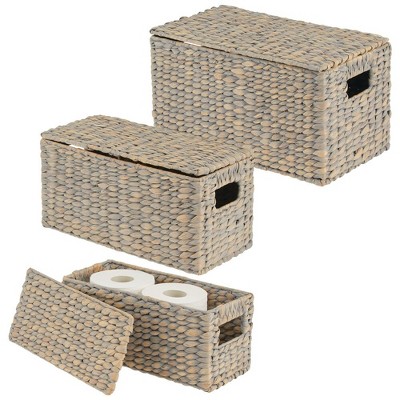 Gray Wicker Rectangular Storage Basket Set with Lids
