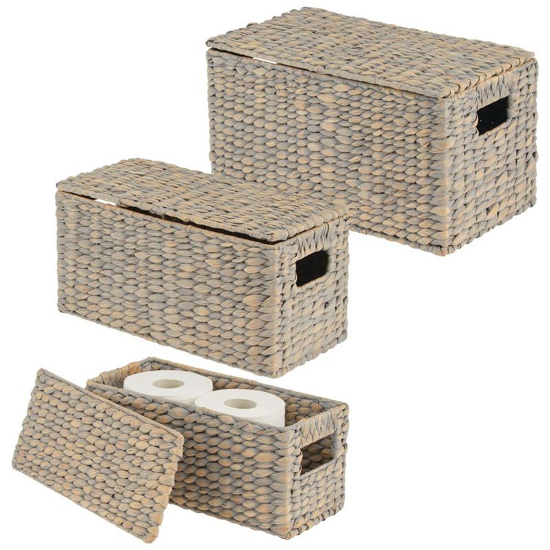 mDesign Woven Water Hyacinth Storage Basket, Lid/Handles, Set of 3, 1 of 11