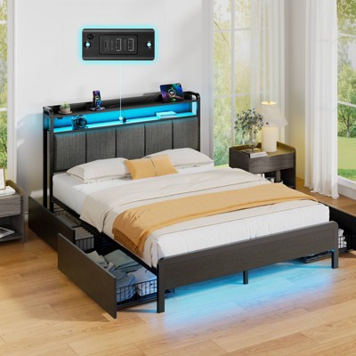 Bed Frame with RGB LED Lights & Charging Station, Upholstered Headboard with 4 Storage Drawers, Heavy Duty Metal Slats