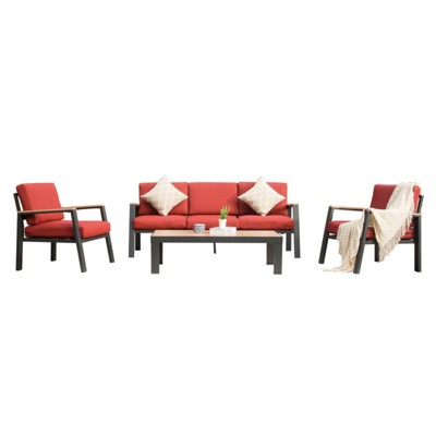 GlasFlength Patio Seating Set, 4 PCS Aluminum, with 7 Inch Cushion, Modern Sectional, Red, 74.49"*29.45"*29.02"
