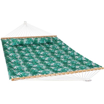Sunnydaze 2-Person Quilted Printed Fabric Spreader Bar Hammock/Pillow with S Hooks and Hanging Chains - 450 lb Weight Capacity - Green Palm Leaves