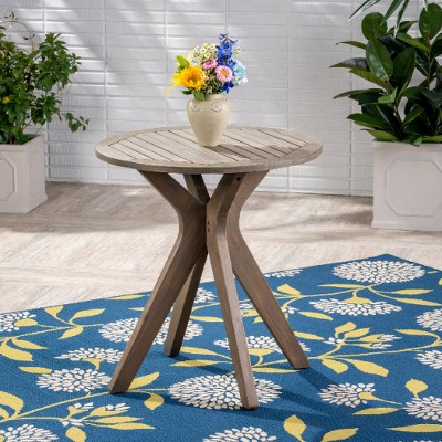 Acacia Wood Outdoor Bistro Table, Round Slatted Patio Side Table with Cross Base, Gray Round Patio End Tables -Christopher Knight Home