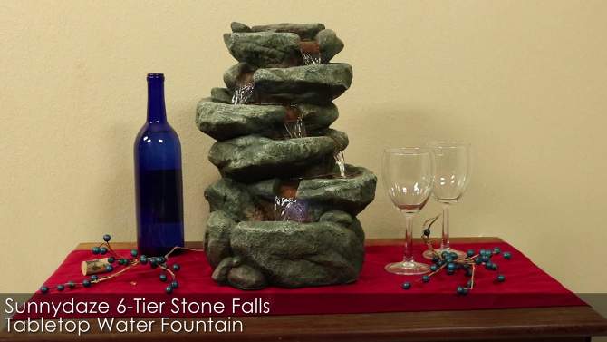 Sunnydaze Indoor Home Office Relaxing 6-Tiered Stone Falls Tabletop Water Fountain with LED Lights - 15", 2 of 17, play video