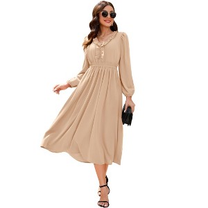 Women's V - Neck Ruffled Long Dress, Elegant Long - Sleeve Maxi Dress with Waist Accent - 1 of 4