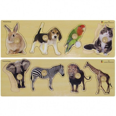 Edushape Large Knob Animal Puzzles - 2 Sets with 4 Animals - 12 Months and Up