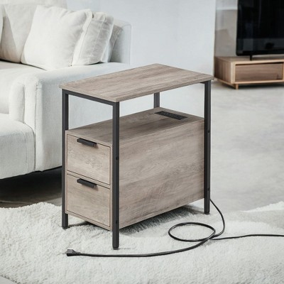 VASAGLE Side Table with Charging Station, Narrow End Table with 2 Drawers, Slim Nightstand and Bedside Table with Storage