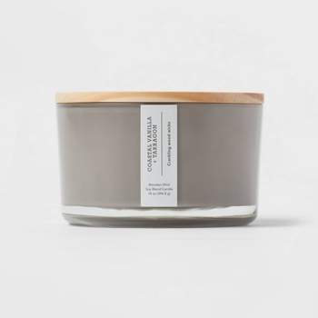 14oz 3-Wick Round Base Glass Candle with Wooden Wick Coastal Vanilla & Tarragon Dark Gray - Threshold™