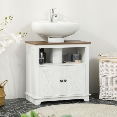 White and Brown Pedestal Sink Cabinet with Double Doors
