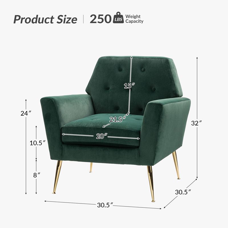 Maris Velvet Tufted  Living Room Armchair with Metal Base and angular frame backrest  | Karat Home, 3 of 11