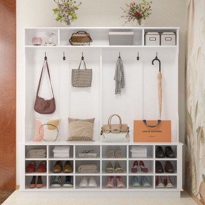 FUFU&GAGA White Hall Tree with Storage - Entryway Organizer with Hooks, Shelves, and Cubbies