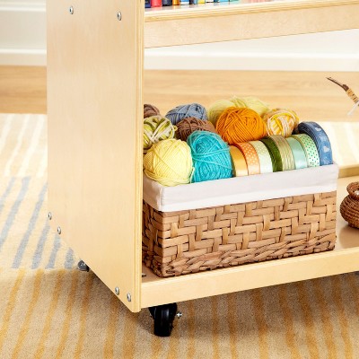 Natural Wooden Rolling Book Storage Cart with Two Shelves