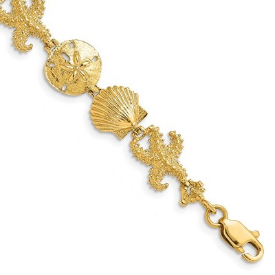 Black Bow Jewelry 14k Yellow Gold Seashell and Starfish Theme Bracelet - 7.25 Inch