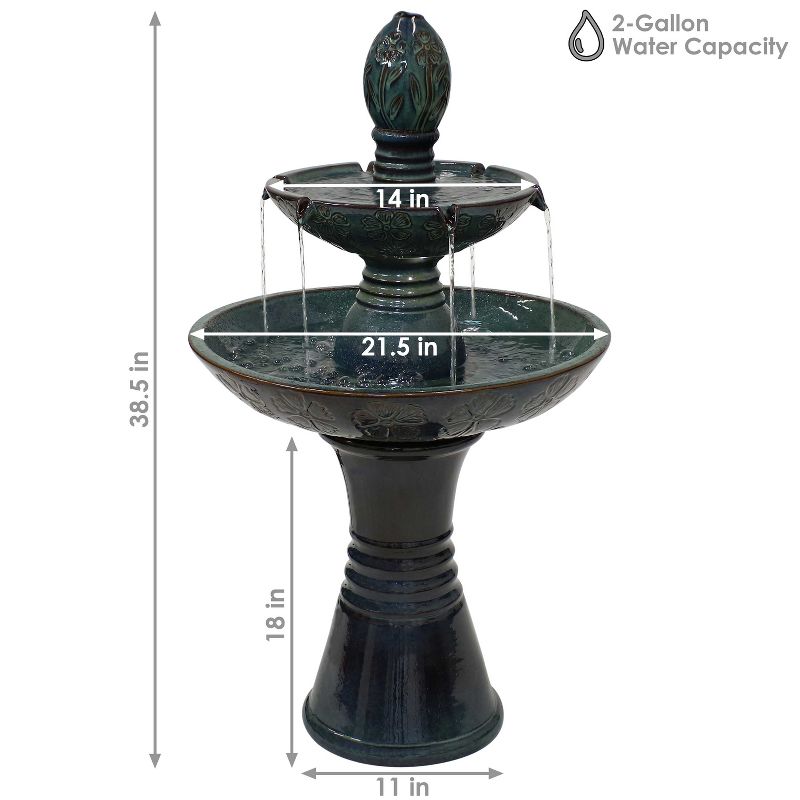 Sunnydaze 38"H Electric Ceramic 2-Tier Outdoor Water Feature with LED Lights, Green, 4 of 13