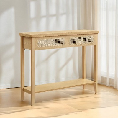 Oak Beige Particle Board Console Table with Storage Drawers