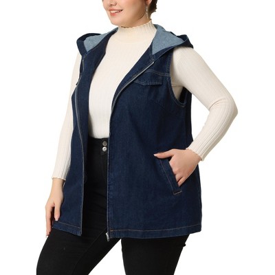 Agnes Orinda Women's Plus Size Hoodie Zipper Up Pocket Denim Oversized Sleeveless Jean Jackets