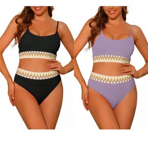 Elerevyo Women's High Waisted Ribbed Adjustable Spaghetti Straps Push Up Swimsuit Bathing Suits 2 Sets - 1 of 4