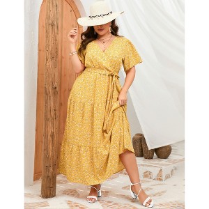 Plus Size Women's Flowy Tiered Maxi Dress - V-Neck, Short Sleeve & Waist Tie with Floral Print - 1 of 4