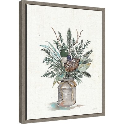 Seasonal Charm Greenery Christmas Vase Canvas Wall Art in Grey Frame
