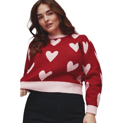 ELOQUII Women's Plus Size Heart Intarsia Cropped Sweater