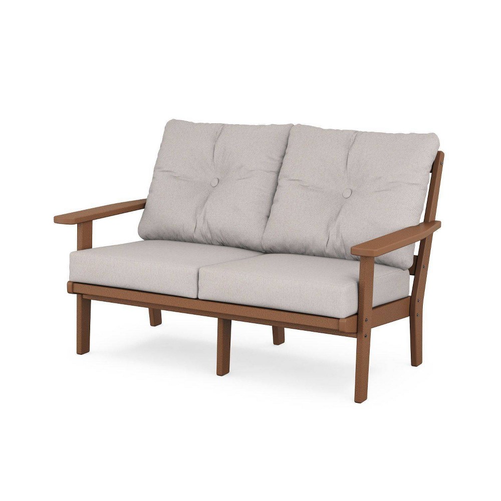 POLYWOOD Prairie Deep Seating Outdoor Patio Loveseat Teak/Dune Burlap: Rust-Resistant, All-Weather, 2-Person Capacity