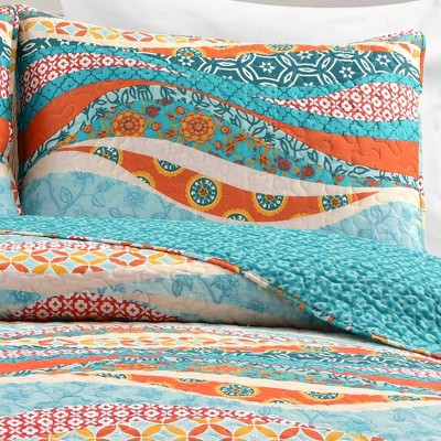 Hailey Turquoise and Orange Reversible Cotton King Quilt Set