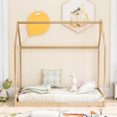 CAVINAS Twin/Full Size Wooden House-Shaped Bed Frame,Cute Floor Bed for Kids Room,Bedroom