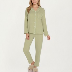 Anna-Kaci Lounge Women's 2-Piece Set Long Sleeve Button Front Pajama Top with Lace Trim Collar and Relaxed Fit Pants - 1 of 4