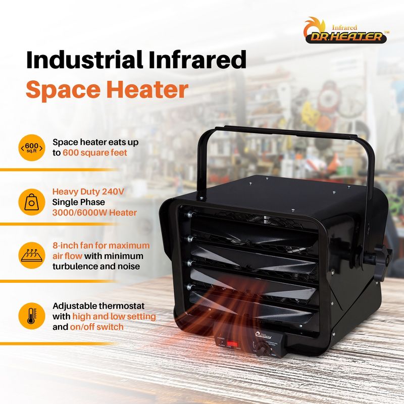 Dr. Heater DR-966B 240V 3000 Watt 15,355 BTU Garage Workshop Industrial Infrared Commercial Space Heater, 8 Inch Fan, Up to 600 Sq Ft, Black, 2 of 7