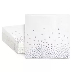 Blue Panda 50 Pack White and Silver Paper Napkins for Wedding Reception, Foil Polka Dots for Birthday Party Decorations, 3-Ply, 6.5 x 6.5 in
